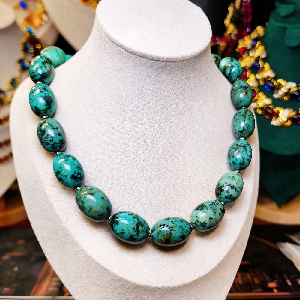 African Turquoise Jasper Necklace Oval Beaded Gemstone Sterling Silver Southwest